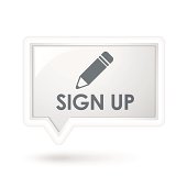 sign up with pen icon on a speech bubble